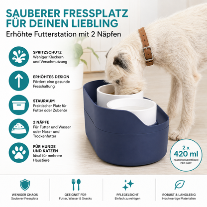 Navaris Futterstation Hund erhöht 2 Näpfe 420ml Hundebar mit Stauraum Navyblau