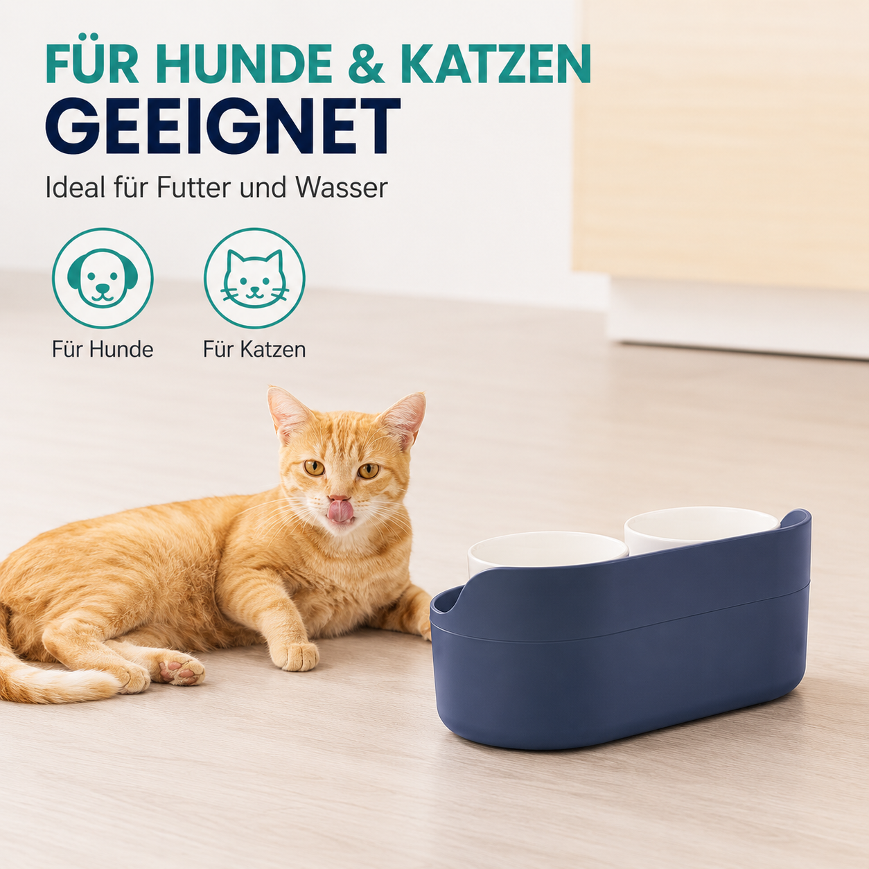 Navaris Futterstation Hund erhöht 2 Näpfe 420ml Hundebar mit Stauraum Navyblau