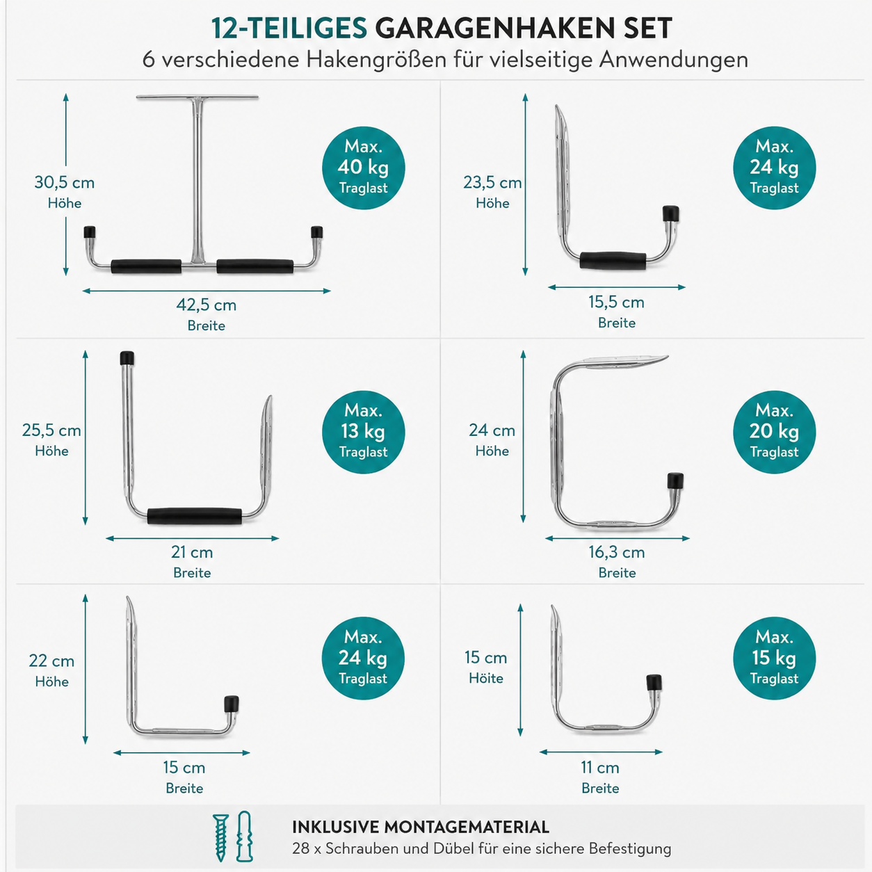 Navaris Garagenhaken 12tlg Wandhaken Deckenhaken Fahrrad Leiter bis 40kg