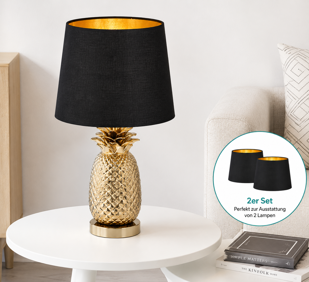 Navaris 2x Lampenschirm E27 Schwarz Gold Leinen Ø22cm Tischlampe Leuchtenschirm
