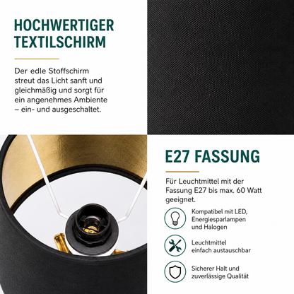 Navaris 2x Lampenschirm E27 Schwarz Gold Leinen Ø22cm Tischlampe Leuchtenschirm