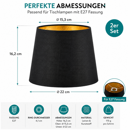 Navaris 2x Lampenschirm E27 Schwarz Gold Leinen Ø22cm Tischlampe Leuchtenschirm