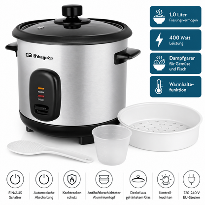 Orbegozo CO 3025 Reiskocher 1L 400W Dampfgarer Warmhaltefunktion Edelstahl