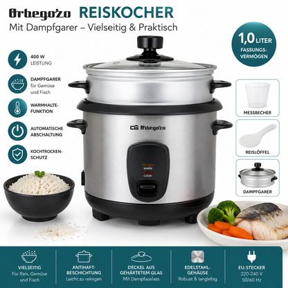 Orbegozo CO 3025 Reiskocher 1L 400W Dampfgarer Warmhaltefunktion Edelstahl