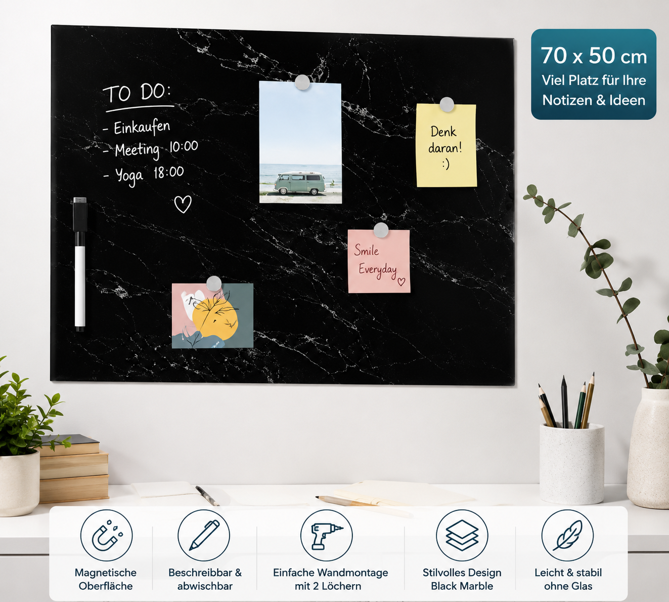 Navaris Magnettafel 70x50cm Memoboard beschreibbar abwischbar Black Marble