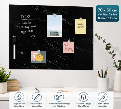 Navaris Magnettafel 70x50cm Memoboard beschreibbar abwischbar Black Marble