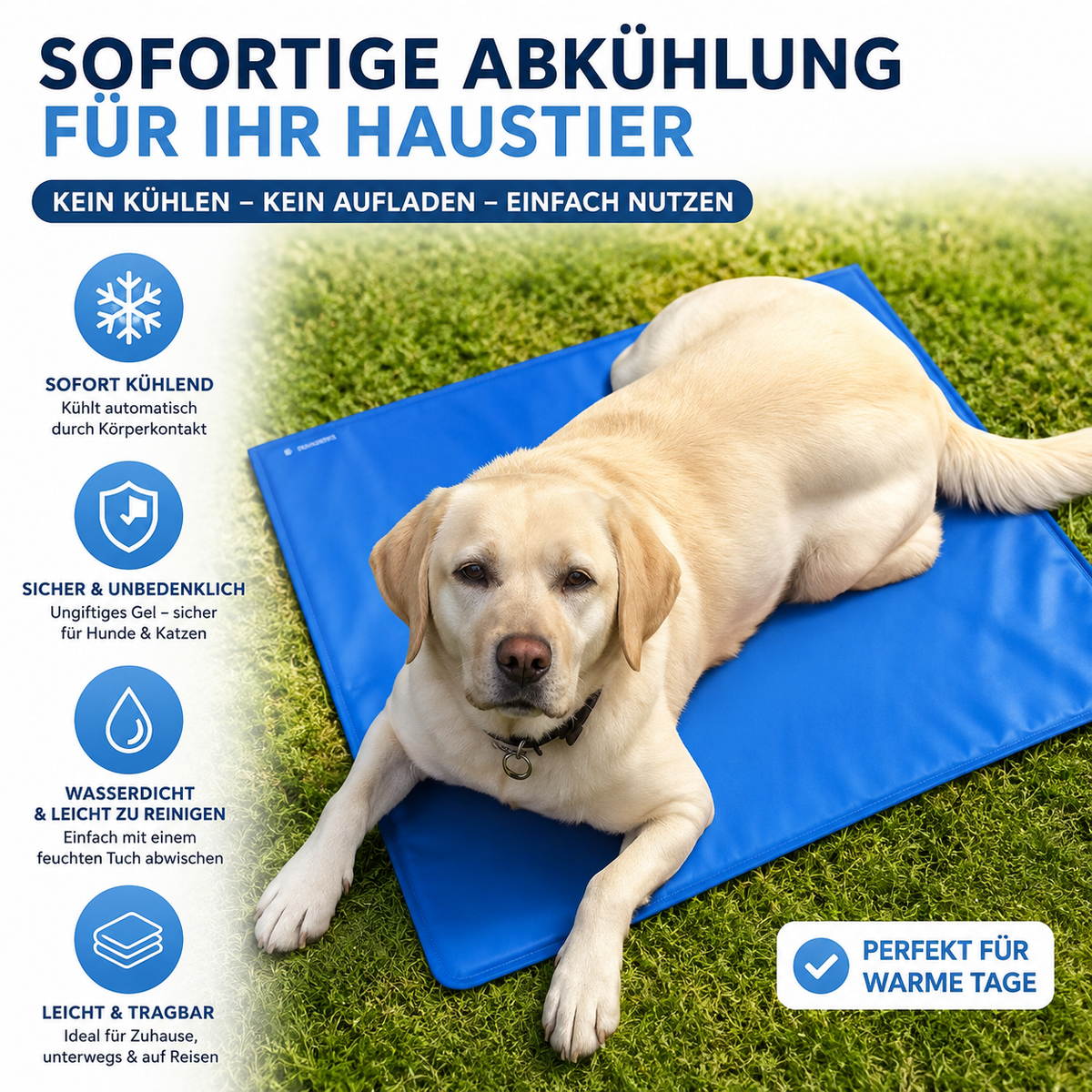 Navaris Kühlmatte Hund 81x96cm selbstkühlend Gel Kühlkissen Haustiere Blau