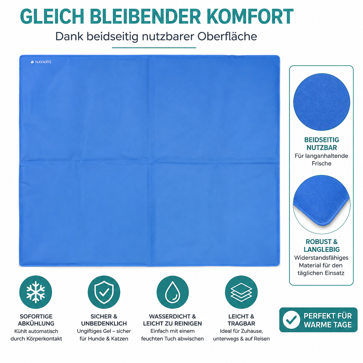 Navaris Kühlmatte Hund 81x96cm selbstkühlend Gel Kühlkissen Haustiere Blau