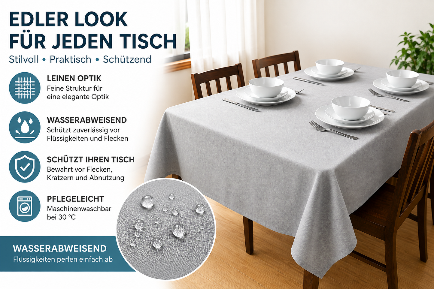 JEMIDI Tischdecke 160x260 cm Wasserabweisend Gartentischdecke Leinenlook Grau