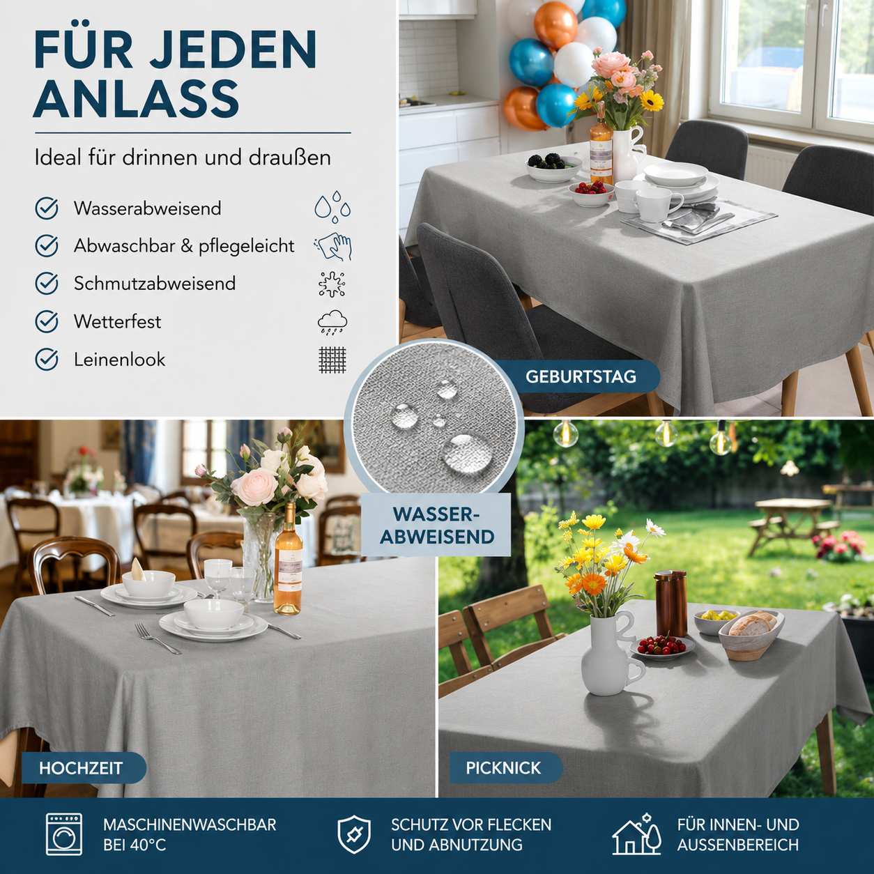 JEMIDI Tischdecke 160x260 cm Wasserabweisend Gartentischdecke Leinenlook Grau
