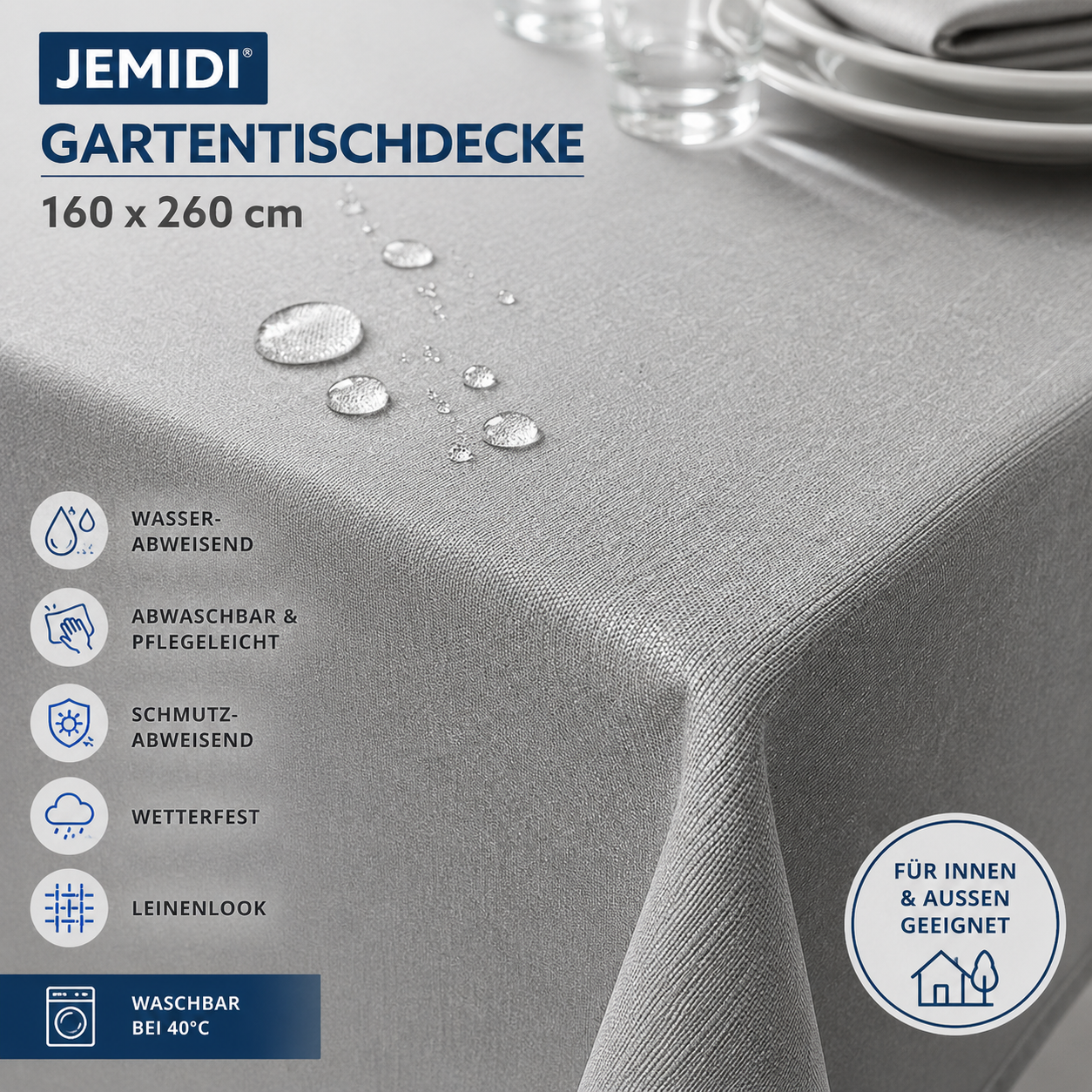 JEMIDI Tischdecke 160x260 cm Wasserabweisend Gartentischdecke Leinenlook Grau