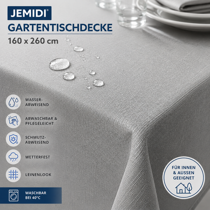 JEMIDI Tischdecke 160x260 cm Wasserabweisend Gartentischdecke Leinenlook Grau