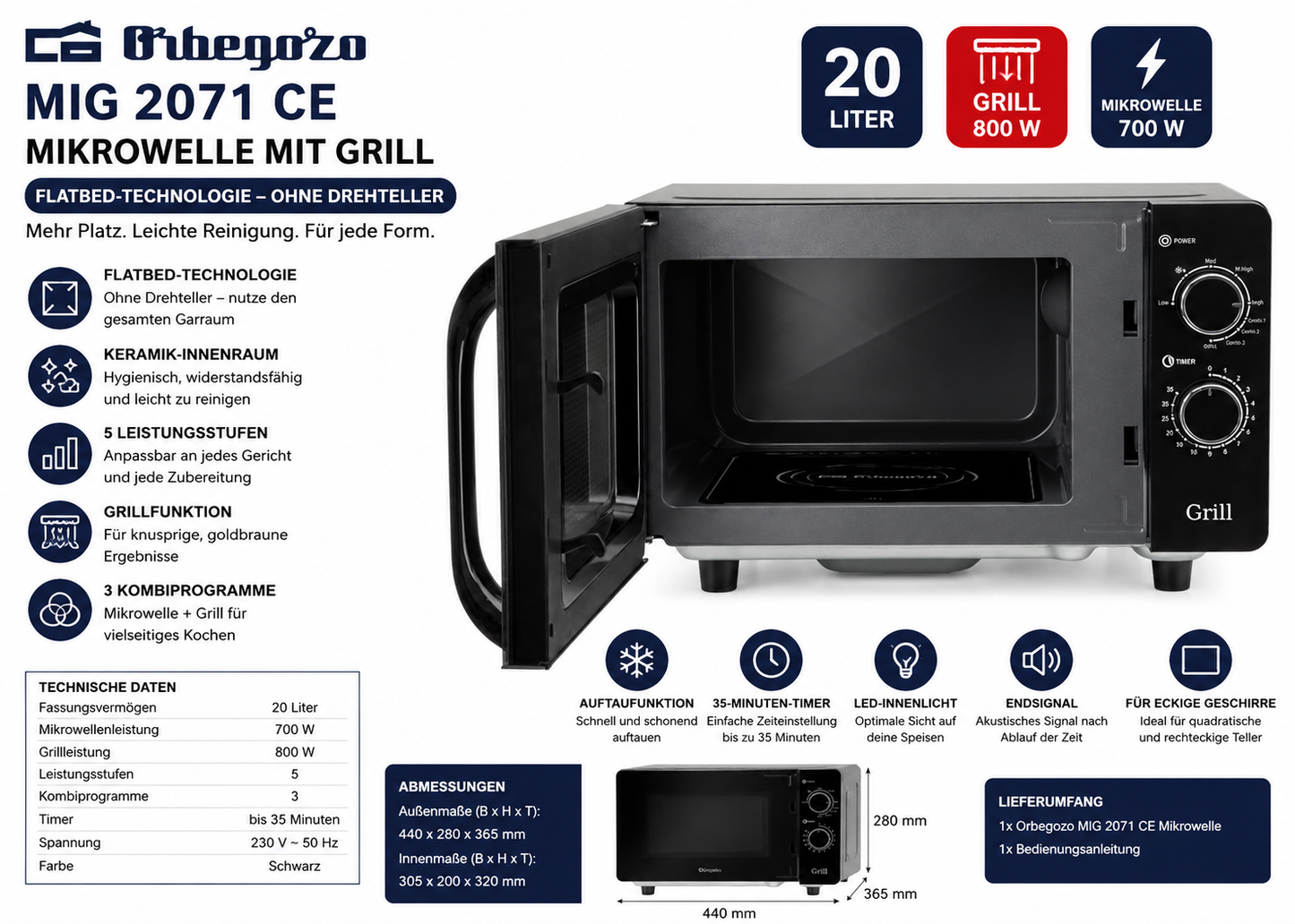 Orbegozo MIG 2071 CE Mikrowelle 20L 700W Grill Flatbed ohne Drehteller