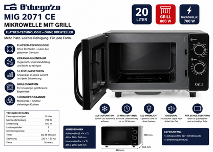 Orbegozo MIG 2071 CE Mikrowelle 20L 700W Grill Flatbed ohne Drehteller