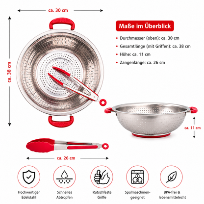 Edelstahl Küchensieb Abtropfsieb Seiher mit Griffen & Küchenzange Ø ca. 30cm