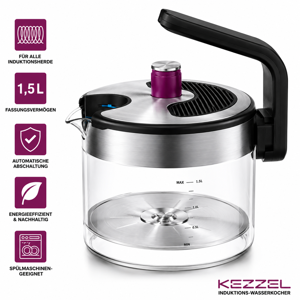 KEZZEL Induktions Wasserkocher 1,5L Glas Teekocher für Induktionsherd BPA-frei
