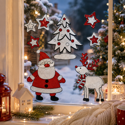 HEITMANN DECO Fensterbild Weihnachten Weihnachtsmann Rentier Baum Sterne Glitzer