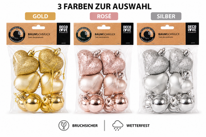 DECO LOVE Baumschmuck Set Weihnachtskugeln Bruchsicher Gold Rosé Silber