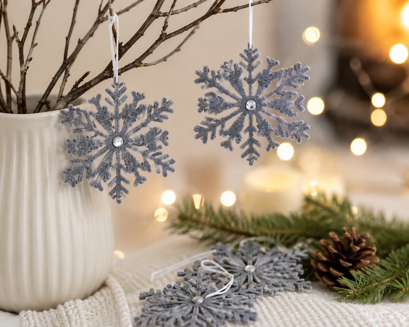 HEITMANN DECO 4 Schneeflocken Grau Silber Weihnachtsanhänger Baumschmuck 2x2