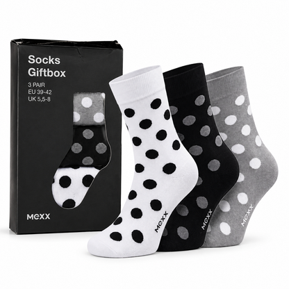 MEXX Damen Socken 3 Paar Gr. 39-42 Giftbox Punkte Schwarz Grau Weiß Geschenk