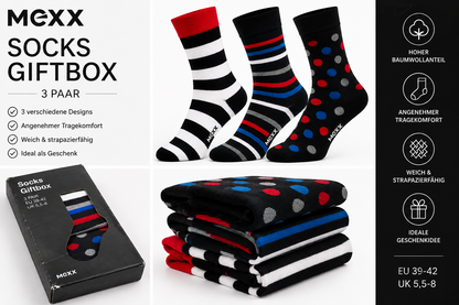 MEXX Damen Socken 3 Paar Gr. 39-42 Giftbox Geschenkbox Punkte Streifen