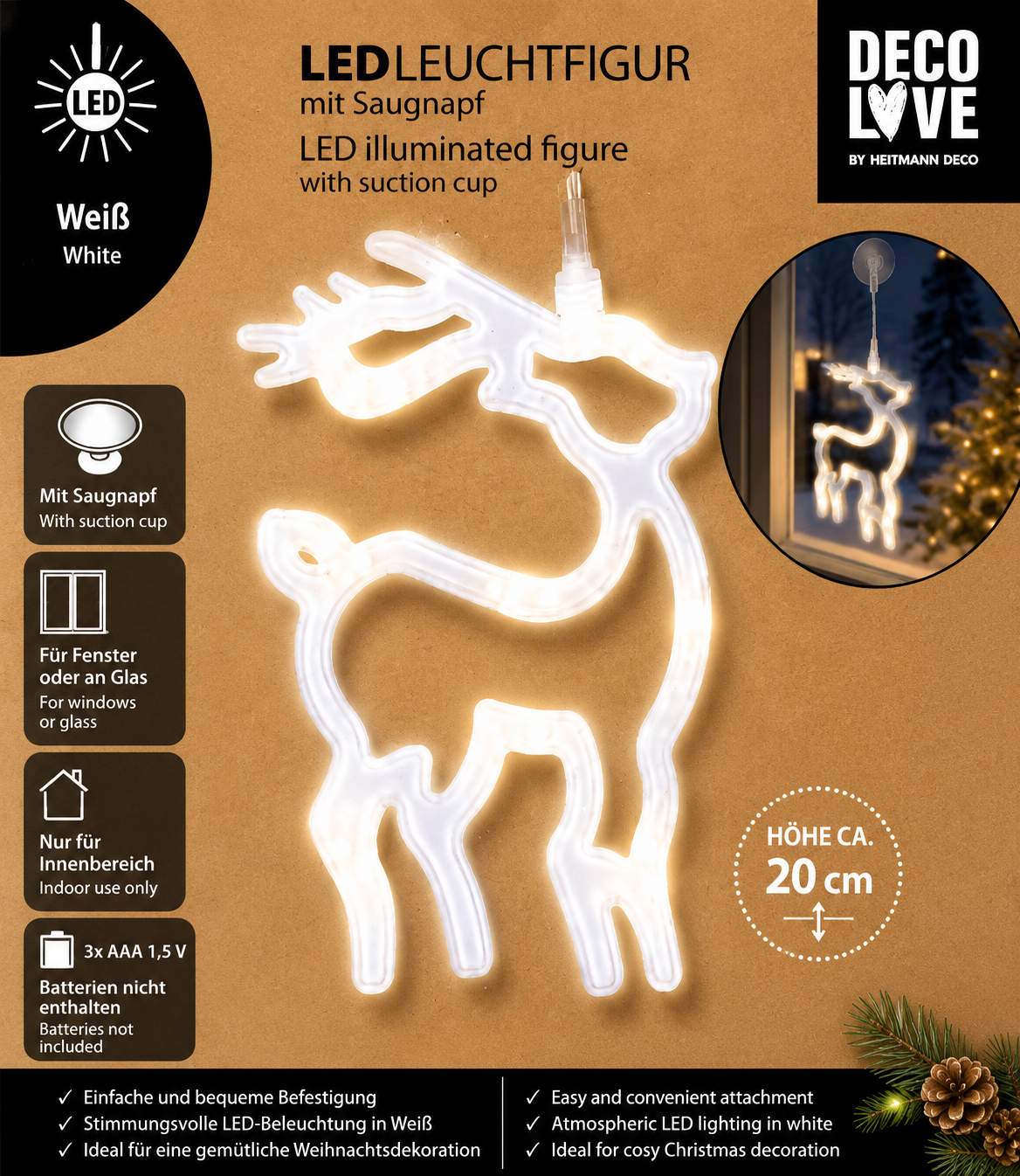 HEITMANN DECO LOVE LED Fensterbild Weihnachten 20cm Saugnapf Elch oder Stern