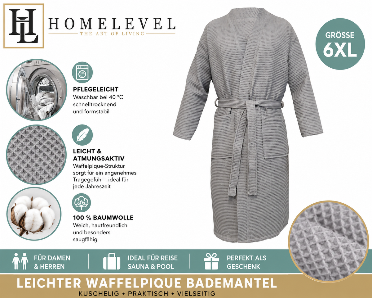HOMELEVEL Bademantel 6XL Damen Herren Baumwolle Waffelpique Grau Saunamantel