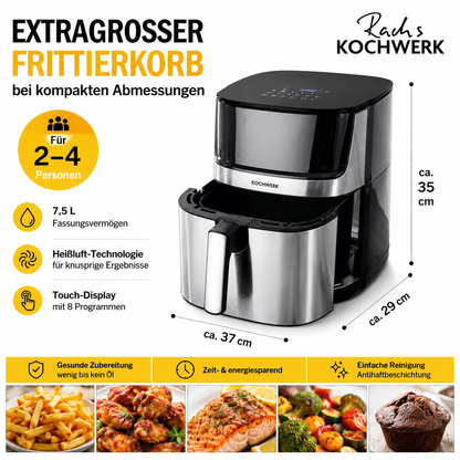 Rachs KOCHWERK Heißluft-Fritteuse 7,5l Airfryer Digital Touchscreen 10 Programme