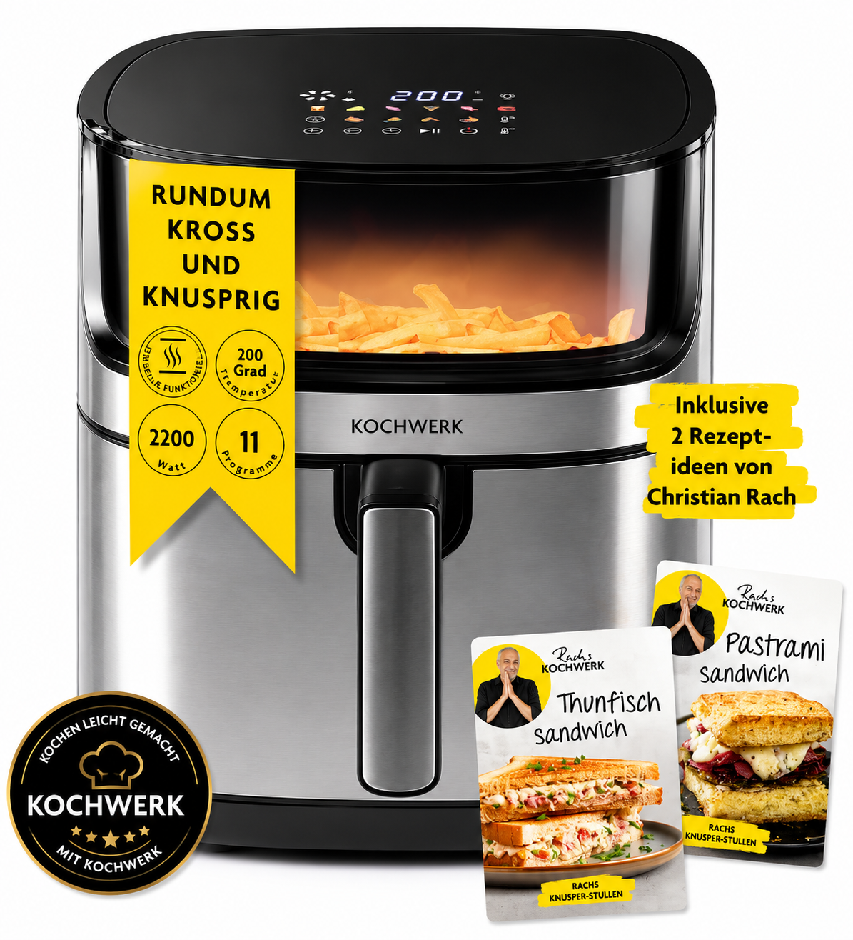 Rachs KOCHWERK Heißluft-Fritteuse 7,5l Airfryer Digital Touchscreen 10 Programme