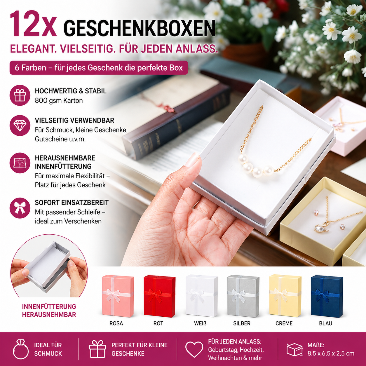 12x Geschenkbox Schmuckschachtel Geschenkverpackung Schleife 6 Farben 8,5cm