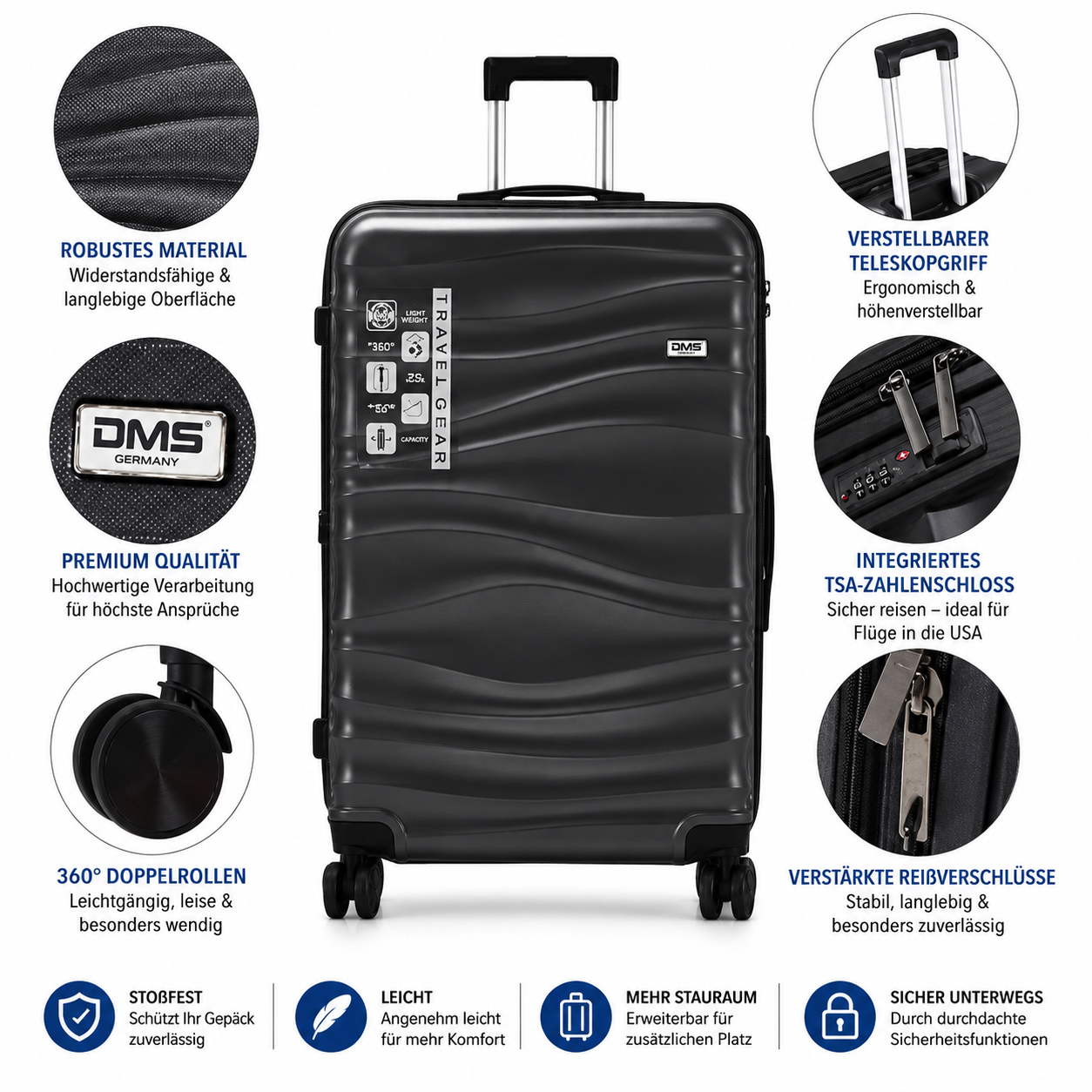 DMS® 7tlg Hartschalenkofferset Koffer Reisekoffer Trolley ABS-Hartschale