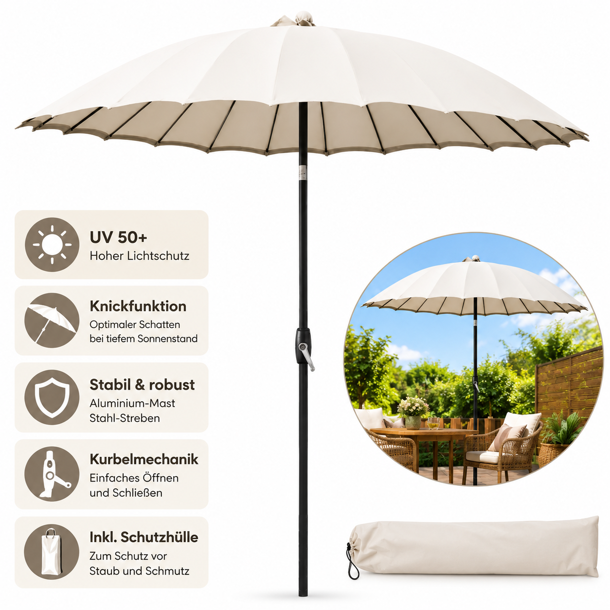 Sonnenschirm 270cm UV50+ Knickbar Asiatisches Design Marktschirm Garten Terrasse