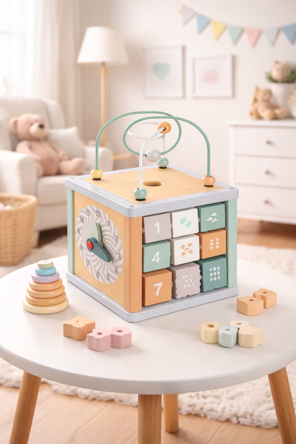 Navaris Motorikwürfel Holz 5in1 Lernspielzeug Motorikschleife Baby ab 18M