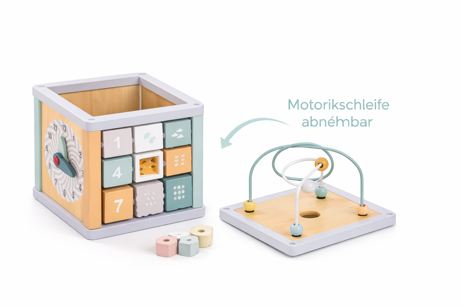 Navaris Motorikwürfel Holz 5in1 Lernspielzeug Motorikschleife Baby ab 18M