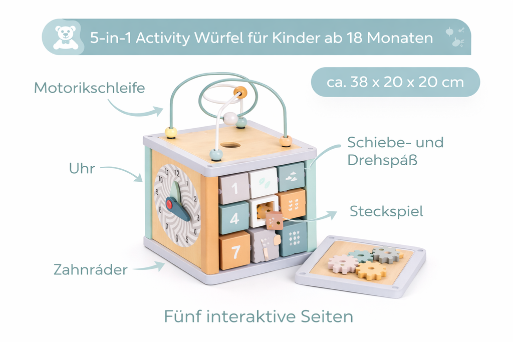 Navaris Motorikwürfel Holz 5in1 Lernspielzeug Motorikschleife Baby ab 18M