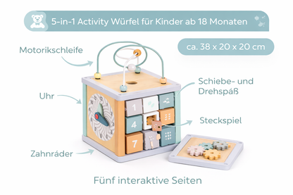 Navaris Motorikwürfel Holz 5in1 Lernspielzeug Motorikschleife Baby ab 18M