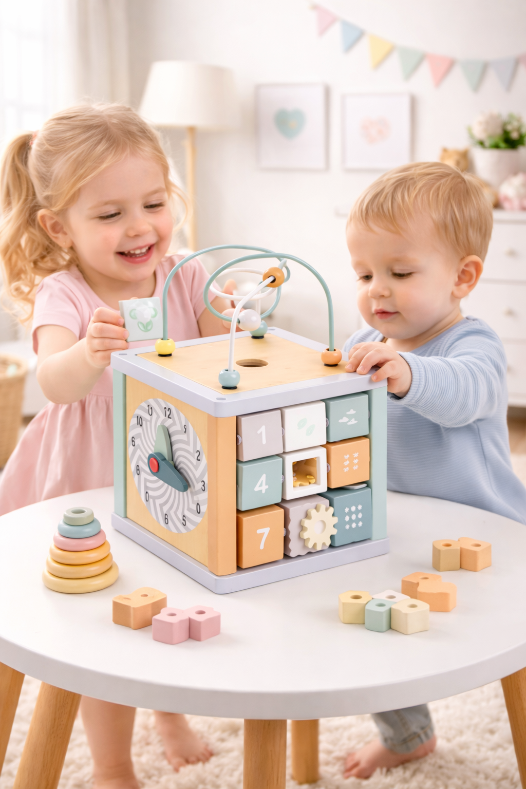Navaris Motorikwürfel Holz 5in1 Lernspielzeug Motorikschleife Baby ab 18M
