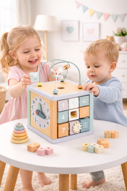 Navaris Motorikwürfel Holz 5in1 Lernspielzeug Motorikschleife Baby ab 18M