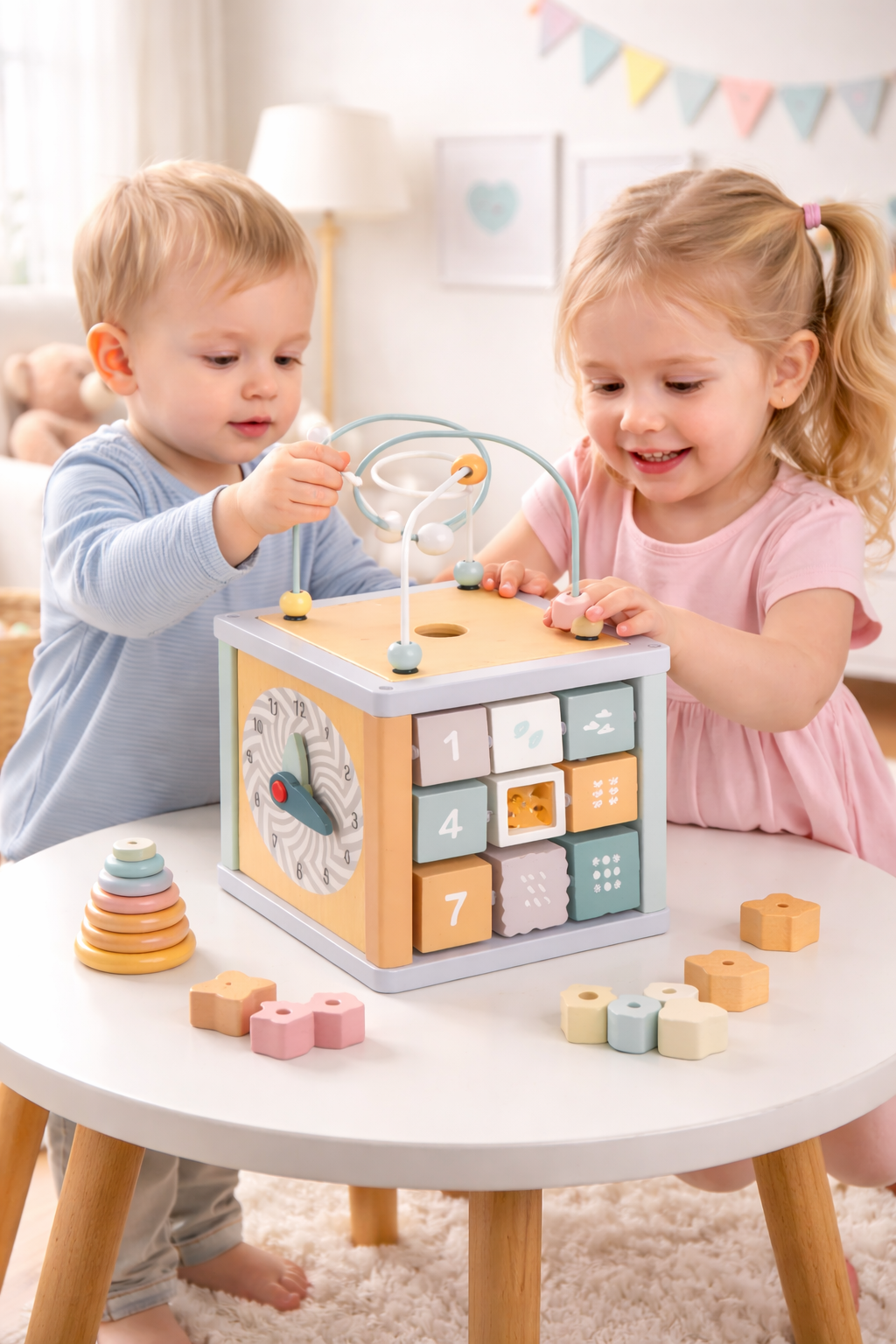 Navaris Motorikwürfel Holz 5in1 Lernspielzeug Motorikschleife Baby ab 18M
