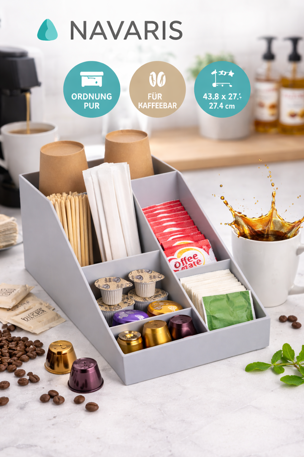 Navaris Kaffee Organizer Kaffeestation 10 Fächer Zubehör Box Küche Büro Grau