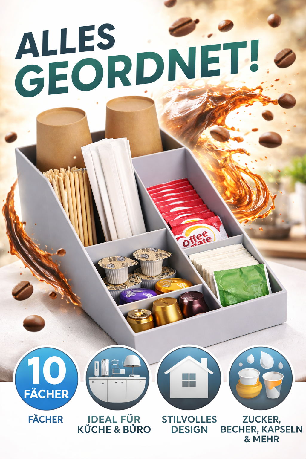Navaris Kaffee Organizer Kaffeestation 10 Fächer Zubehör Box Küche Büro Grau