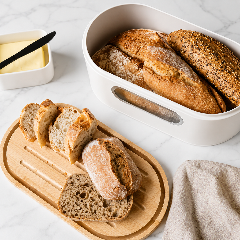 Navaris Brotkasten oval mit Bambusdeckel Schneidebrett Brotbox Küche 34 cm