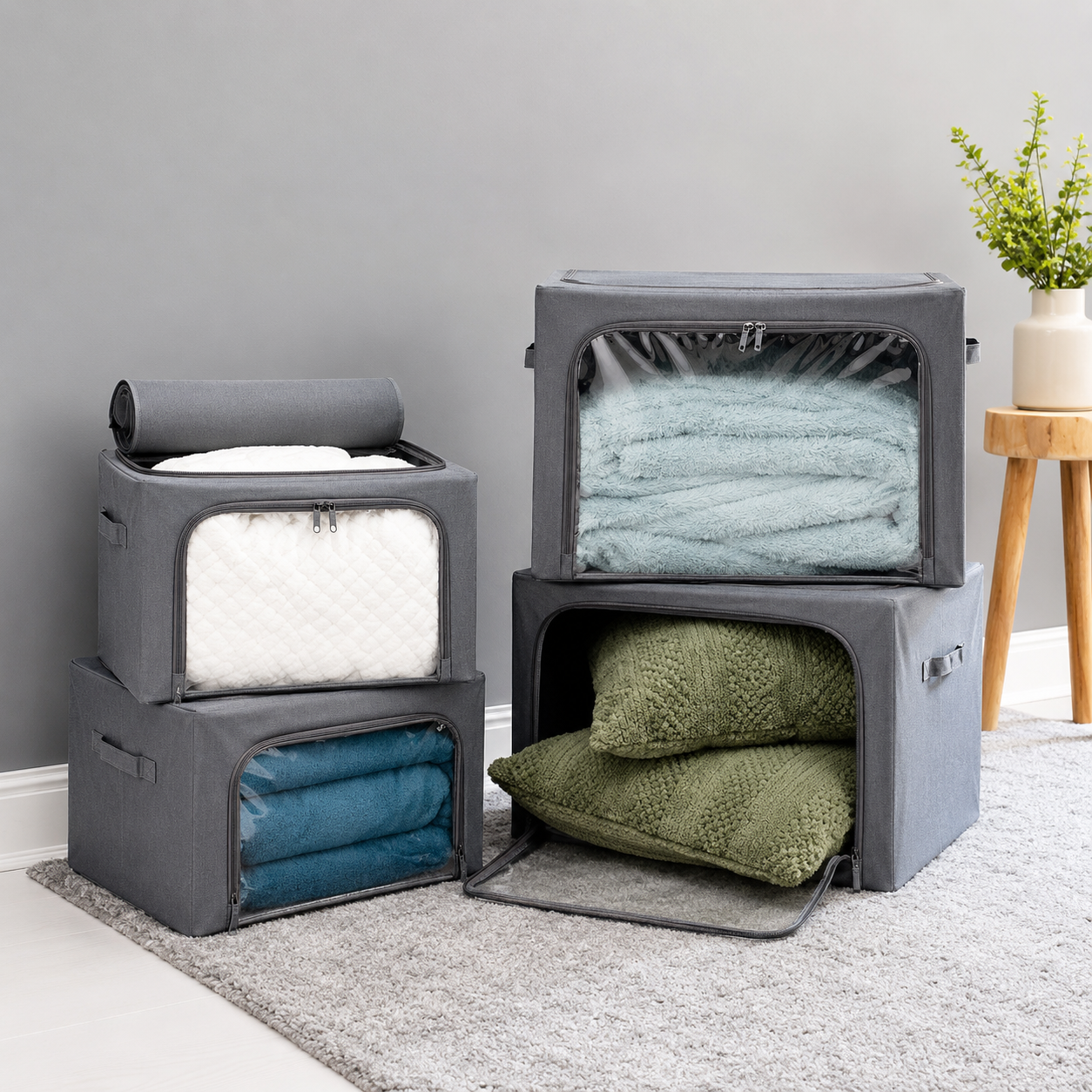 AQURAT Aufbewahrungsboxen mit XL-Sichtfenster – 4-teiliges Set, stapelbar & faltbar