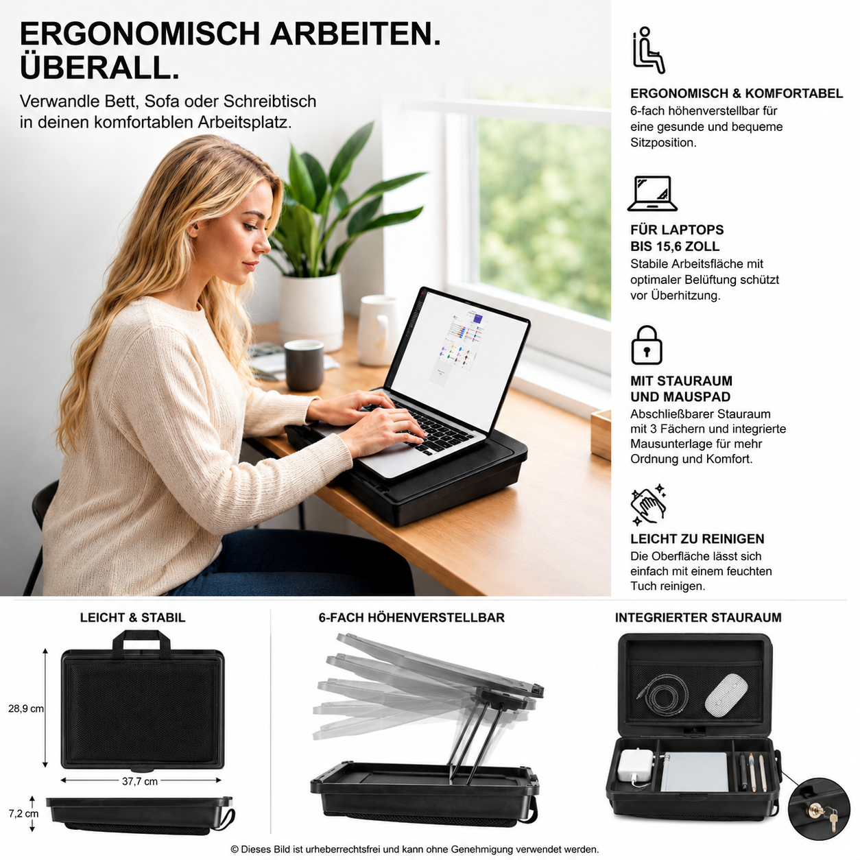 Navaris Laptopkissen Bett Couch Laptopständer Knietablett Stauraum Mauspad Schwarz 15,6 Zoll