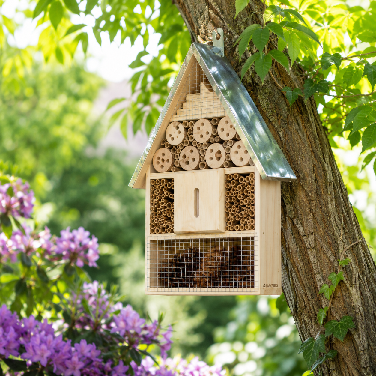 Navaris Insektenhotel Holz Bienenhotel Nisthilfe Garten Balkon 40cm