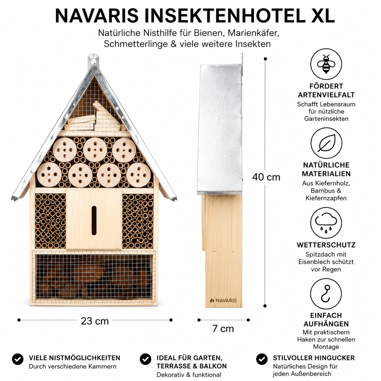 Navaris Insektenhotel Holz Bienenhotel Nisthilfe Garten Balkon 40cm