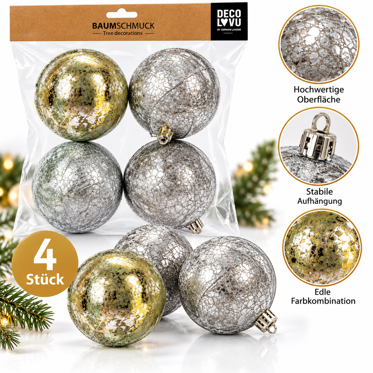 4x DECO LOVE Christbaumkugeln Silber Glitzer Weihnachtskugeln Baumschmuck Deko