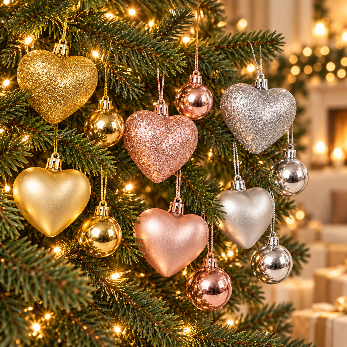 DECO LOVE Weihnachtskugeln Baumschmuck Herzen bruchsicher Gold Rosé Silber