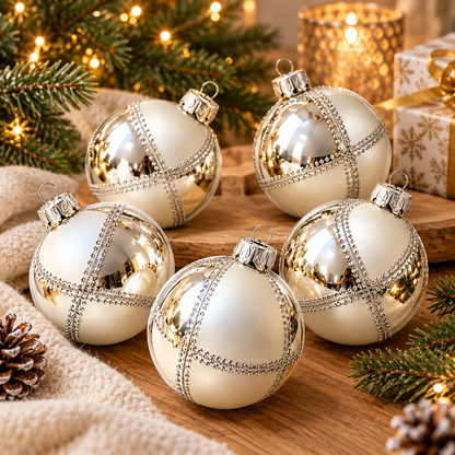 CULT KREBS & SOHN 5er Weihnachtskugeln Glas Silber Weiß Handdekoriert