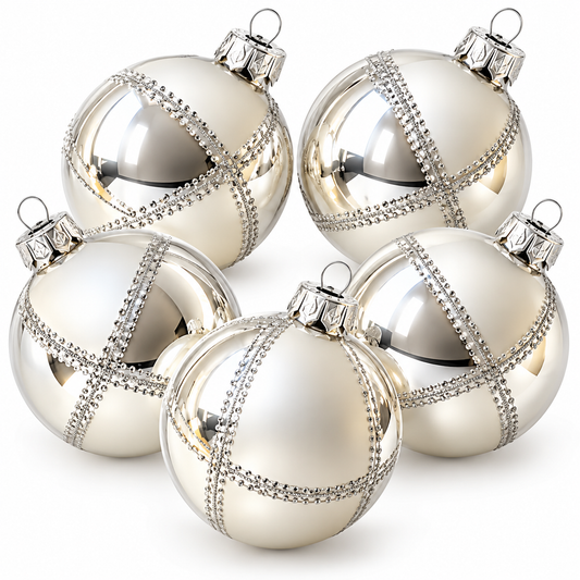 CULT KREBS & SOHN 5er Weihnachtskugeln Glas Silber Weiß Handdekoriert